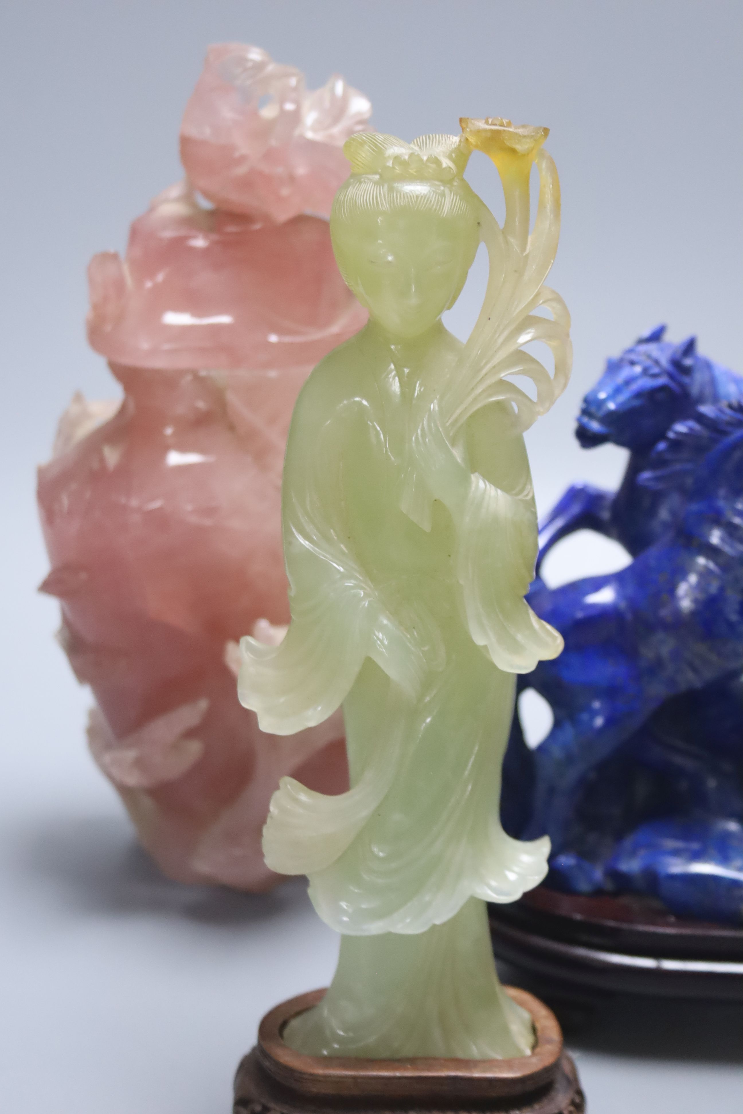 Five Chinese hardstone carvings, tallest 23.5cm